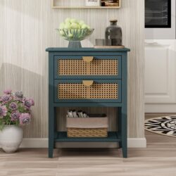 2 Drawer Side Table - Natural Rattan - End Table - Suitable For Bedroom, Living Room, Or Study - Green