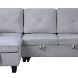 Nova - Velvet Reversible Sleeper Sectional Sofa With Storage Chaise - Light Gray