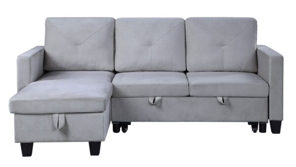 Nova - Velvet Reversible Sleeper Sectional Sofa With Storage Chaise - Light Gray