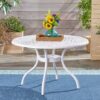 Tranquilius - Outdoor Round Dining Table With Lattice Tabletop, Umbrella Hole And Curved Legs - White - Image 5