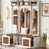 5 In 1 Entryway Bench With Coat Rack, 7 Sturdy Hooks, 2 Spacious Drawers And Adjustable Shelves, Wide Hall Tree With Metal Handles For Hallway - Brown / White - Image 11