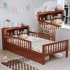 Twin Size Bed With Headboard Storage Rack, 2 Under Bed Drawers, 3 - Side Guardrails For Safety And Security - Walnut - Image 6