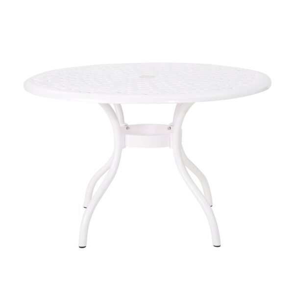 Tranquilius - Outdoor Round Dining Table With Lattice Tabletop, Umbrella Hole And Curved Legs - White