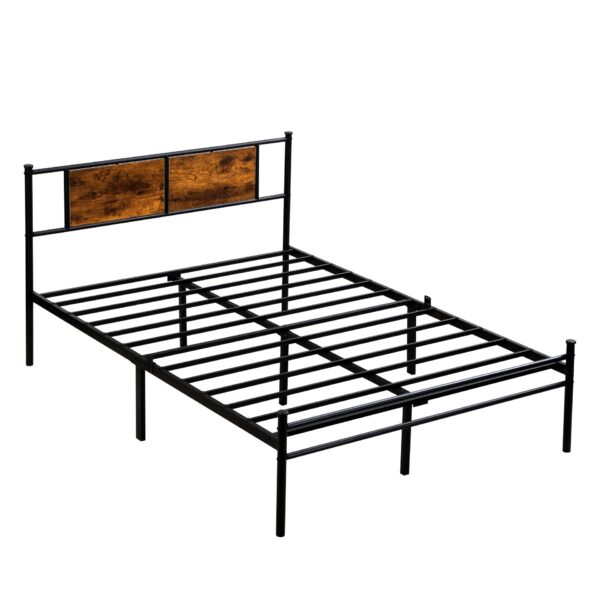Modern Full Size Metal Bedframe With Wood Panel Headboard - Black / Brown