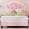 Twin Size Upholstered Flower-Shape Bed, Elegant Flowers Headboard With LED Light Strip, Sherpa Fabric Platform Bed With Slats Support - Pink - Image 17