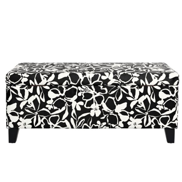 Luxury Storage Ottoman With Floral Patterned Fabric, Soft Close Hinges, Multi Functional Footrest & Seat - Black Floral / White