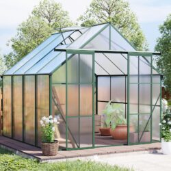 Double Door Polycarbonate Greenhouse Raised Base And Anchor Heavy Duty Walk In Greenhouses For Outdoor Backyard In All Season - Green