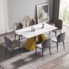 63" Modern Artificial Stone Straight Edge Golden Metal Leg Dining Table - White / Gold - Image 2