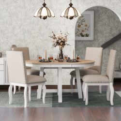 5 Piece Farmhouse Dining Table Set Wood Round Extendable Dining Table And 4 Upholstered Dining Chairs - Oak Natural / Antique White