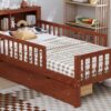 Twin Size Bed With Headboard Storage Rack, 2 Under Bed Drawers, 3 - Side Guardrails For Safety And Security - Walnut - Image 24