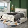Anna - Queen Patented 2 Drawer Storage Bed, Upholstered Wingback - Ivory Velvet - Image 6
