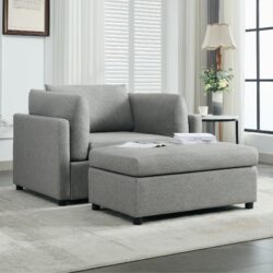 Wide Modern Oversized Armchair With Ottoman Stool, Single Sofa With Lumbar Support, Accent Chair, Reading Chair For Bedroom, Living Room - Light Gray