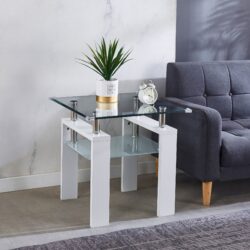 Clear Glass Top Side Table, End Table, Modern Design For Home - White