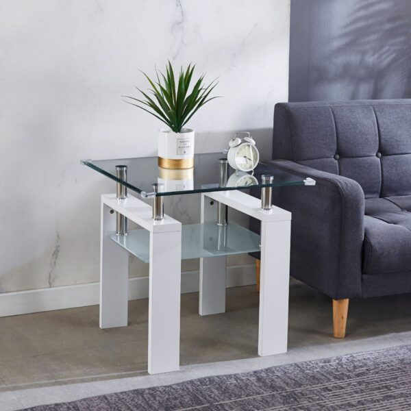 Clear Glass Top Side Table, End Table, Modern Design For Home - White