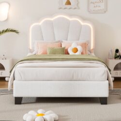 Twin Size Upholstered Flower-Shape Bed, Elegant Flowers Headboard With LED Light Strip, Sherpa Fabric Platform Bed With Slats Support - White