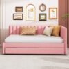 Upholstered Daybed With Trundle Twin Size Sofa Bed Frame No Box Spring Needed, Linen - Pink - Image 12
