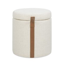 Brandy - Round Upholstered Storage Ottoman With Leather Accent - Flax White