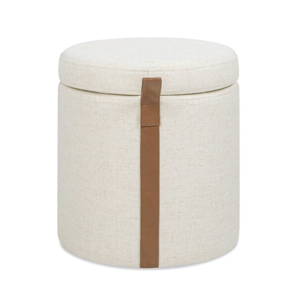 Brandy - Round Upholstered Storage Ottoman With Leather Accent - Flax White