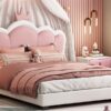Full Size Upholstered Princess Bed With Crown Headboard, Full Size Platform Bed With Headboard And Footboard - White / Pink - Image 12