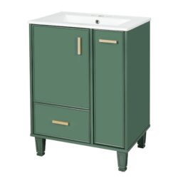 Solid Wood And 24" Bathroom Vanity With Sink, Deep Drawer, Door Shelf, 2 Tier Basket - Green
