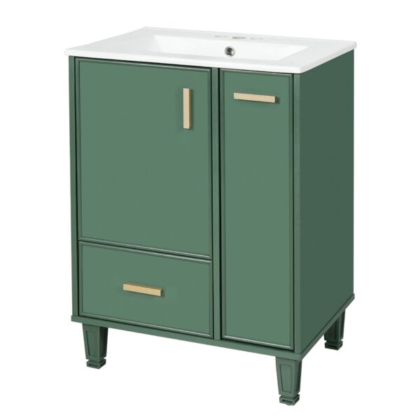 Solid Wood And 24" Bathroom Vanity With Sink, Deep Drawer, Door Shelf, 2 Tier Basket - Green