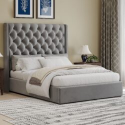 Tall Headboard Upholstered King Size Bed With Handmade Deep Button Tufted, Box Spring Needed, Velvet - Gray