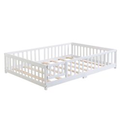 Twin Size Floor Bed With Door And Fence For Children - White