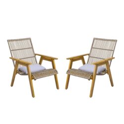 Acacia Wood Cape Woven Wicker Large Lounge Chair With Pillow For Patio, Deck, Yard, Lawn And Garden Seating Wicker (Set of 2) - Teak