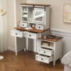 Farmhouse Makeup Vanity Desk With Adjustible LED Lighted Mirror And Charging Station For Bedroom, Dressing Vanity Table With Side Cabinet And Cushioned Stool - White - Image 18