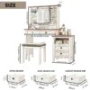 Farmhouse Makeup Vanity Desk With Adjustible LED Lighted Mirror And Charging Station For Bedroom, Dressing Vanity Table With Side Cabinet And Cushioned Stool - White - Image 8