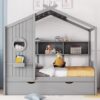 Full Size House Bed With Trundle, Modern Design For Kids With Storage Shlef - Gray - Image 2