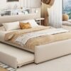 Queen Size Upholstered Platform Bed With Reading Lights, Drawers, Trundle And Shelves - Beige - Image 17