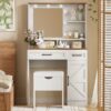 Farmhouse Makeup Vanity Desk With Mirror And Lights, 3 Lighting Modes, Vanity Set With Stool, Dressing Table With Adjustable Shelves, 2 Drawers And Side Cabinet For Bedroom - White - Image 3