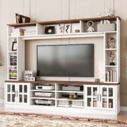 Wall Unit Entertainment Center With Bookshelves For TVs Up To 80", Modern TV Stand Media Console With Cabinets, Tempered Glass Doors And Adjustable Shelves For Living Room - White