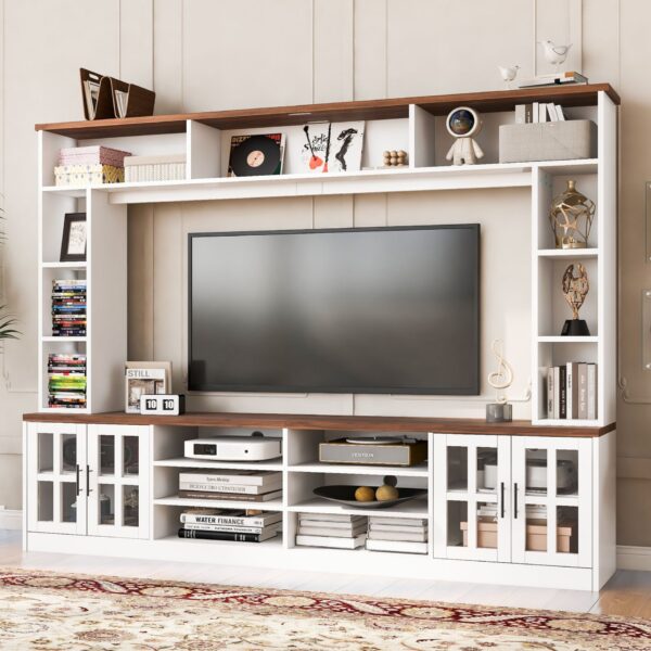 Wall Unit Entertainment Center With Bookshelves For TVs Up To 80", Modern TV Stand Media Console With Cabinets, Tempered Glass Doors And Adjustable Shelves For Living Room - White