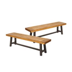 Tranquilizer - Outdoor Acacia Wood Bench With Slat Panel Design (Set of 2) - Sandblasted Brown / Rustic Metal