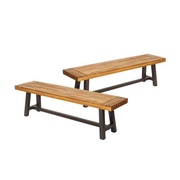 Tranquilizer - Outdoor Acacia Wood Bench With Slat Panel Design (Set of 2) - Sandblasted Brown / Rustic Metal