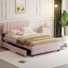 Queen Size Upholstered Platform Bed With 2 Drawers And 1 Trundle, Classic Strip Headboard Design - Pink - Image 9