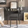 Makeup Vanity Desk With Flip Top Mirror And LED Light, Dressing Table With Charging Station, 2 Drawers And Fold Up Panel, Vanity Set With Cushioned Stool For Bedroom - Black - Image 2