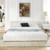 Queen Size Upholstered Platform Bed Frame With Chenille Fabric And Pleated Design - Beige - Image 3