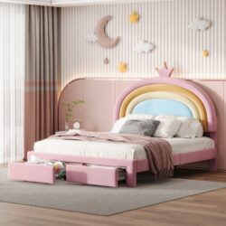 Full Size Upholstered Rainbow Design Bed, Velvet Princess Platform Bed With Storage Drawer, No Box - Spring Needed - Colorful / Pink