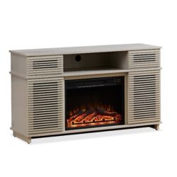 Modern Solid Wood Cabinet With Adjustable Shelves And Remote-Controlled Fireplace - Light Gray
