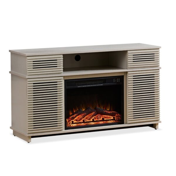 Modern Solid Wood Cabinet With Adjustable Shelves And Remote-Controlled Fireplace - Light Gray