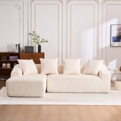 Compression Sofa: Combining Chaise Longue With 3 Seater, Corduroy Fabric, Full Sponge Compression Sofa, Combined Sofa With 4 Pillows For Living / Home Furniture / Apartment - White