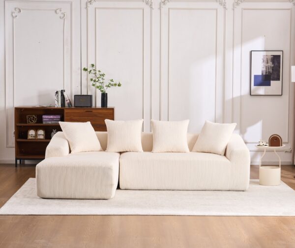 Compression Sofa: Combining Chaise Longue With 3 Seater, Corduroy Fabric, Full Sponge Compression Sofa, Combined Sofa With 4 Pillows For Living / Home Furniture / Apartment - White