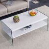 Modern Double Rectangular Coffee Table With Storage Function And Transparent Tempered Glass - White - Image 8