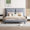 Queen Size Upholstered Platform Bed With 2 Large Headrests And Thick - Gray - Image 9