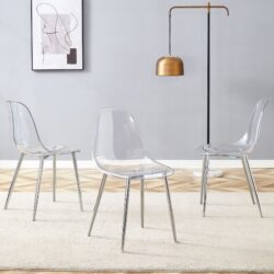 Stylish Ergonomic Dining Chair With Metal Legs And Transparent Seat Cushion (Set of 3) - Silver / Transparent