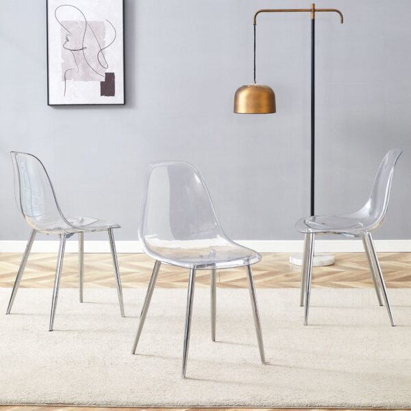 Stylish Ergonomic Dining Chair With Metal Legs And Transparent Seat Cushion (Set of 3) - Silver / Transparent