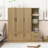 3 Door Storage Wardrobe For Dedroom With Shelves And 2 Drawers, Side Storage Shelves - Nature - Image 13